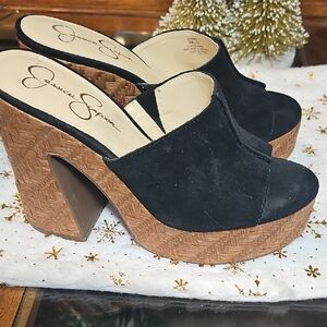 Jessica Simpson Black Suede Mules with Brown Woven Platform